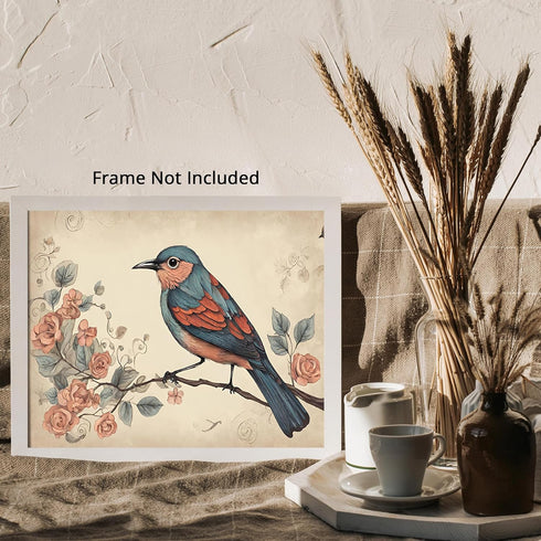 Posterizer 1 pcs- Pretty bird standing on a tree with pink flowers-Art for Animal Lovers-Floral Botanical Art- Gift for Men Women Teens-Living Roo...