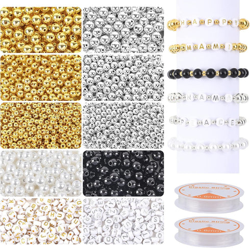 1800Pcs Silver & Gold Round Spacer Beads 3 Sizes Smooth Loose Ball Beads Alphabet Pearls Beads and 2 Rolls Elastic String for DIY Craft Making Sup...