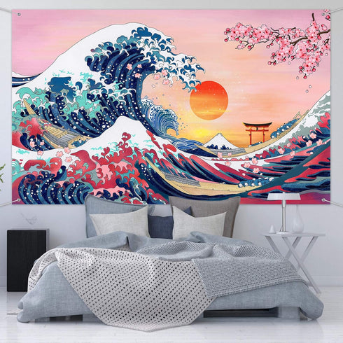 Ocean Wave Tapestry Japanese Kanagawa Backdrop Great Wave Tapestry Cherry Blossom Nature Sunset Background Wall Hanging Banner for Japanese Party ...