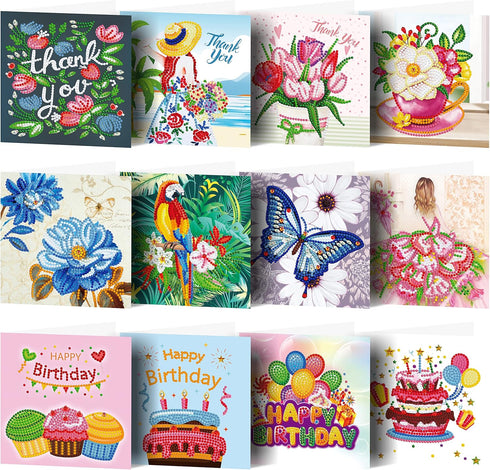 pigpigboss 12 Packs Happy Birthday Diamond Painting Cards Diamond Art Greeting Cards for Adult Children Flower Girl Diamond Painting Greeting Card...