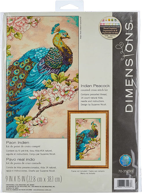 Dimensions Indian Peacock Counted Cross Stitch Kit, 14 Count Natural Aida, 9'' x 15''