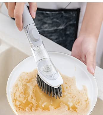 Cenbee Soap Dispensing Dish Brush with 4 Replaceable Heads, Updated No Leaking Soap Dish Scrubber Soap Dispenser, Kitchen Dish Brush with Soap Dispenser for Pot Pan Sink Cleaning(Light Gray)