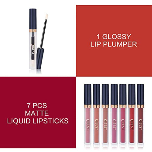 QiBest 7Pcs Matte Liquid Lipstick + 1Pcs Lip Plumper Makeup Set Kit, Long Lasting Waterproof Lip Gloss Set Pigmented Velvet Lip Makeup Gift Sets for Girls and Women(Passion Red)