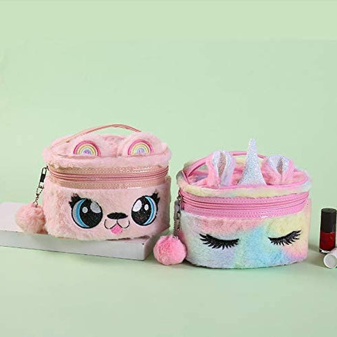 Women Girls Kids Fluffy Faux Fur Unicorn Makeup Bag Small Cosmetic Organizer Plush Travel Storage Bags Toiletry Kit Case