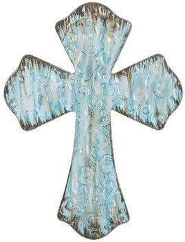 Rustic Turquoise Metal Wall Cross with Embossed Swirls