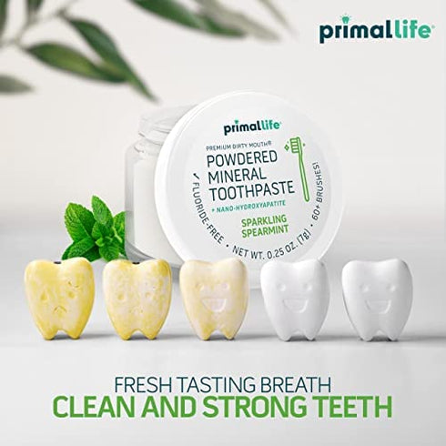 Primal Life Organics - Dirty Mouth Toothpowder, Tooth Cleaning Powder, Flavored Essential Oils With Hydroxyapatite, Natural Kaolin & Bentonite Clay, Good for 60+ Brushings, Paleo, Organic, Vegan (Spearmint, 0.25 oz)