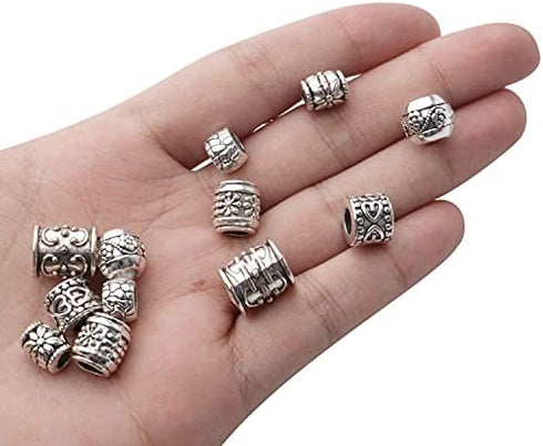 Large Hole Spacer Beads,100g Antique Silver Mixed Styles Tube Bead Spacers Tibetan Alloy Column Barrel Round Spacers Loose Beads for DIY Jewelry Bracelet Crafts Making Supplies