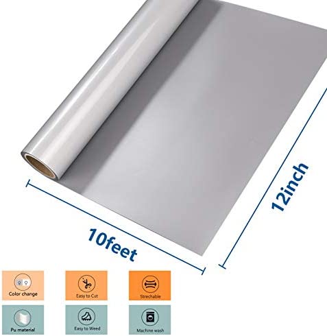 HTVRONT Reflective Heat Transfer Vinyl HTV Roll: 12"x10' Silver Iron On Vinyl Roll for T-Shirt (Light Grey)