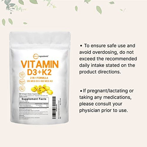 Vitamin D3 5000IU Plus K2, 2 in 1 Formula, Vitamin D3 with MK7 Vitamin K2, 300 Soft-Gels, Immune Vitamin Complex with Virgin Sunflower Seed Oil, Support Heart, Teeth & Joint Health, Easy to Swallow