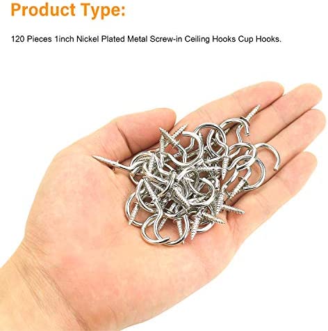 Powlankou 1inch Nickel Plated Metal Screw-in Ceiling Hooks Cup Hooks Silver, 120 Pieces