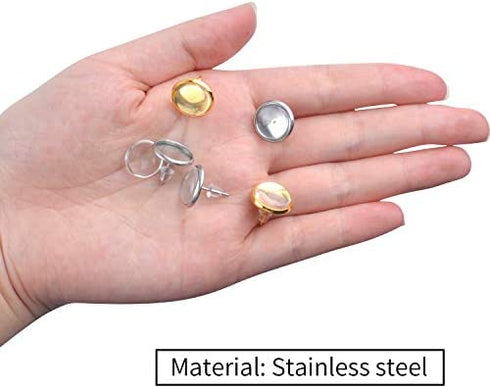 Aylifu Earring Cabochon Settings,Include 40pcs 12mm Stud Earring Cabochon Post Cup Blank Earring Bezel with 40pcs Glass Dome Cabochons and 40pcs Clear Earring Backs for Jewellery Making