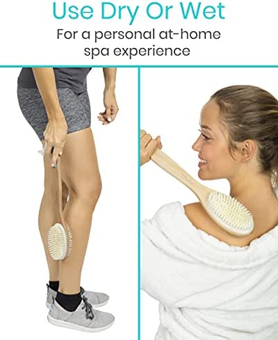Vive Shower Brush - Dry Skin Body Exfoliator - Shower and Bath Scrubber for Wash Brushing, Exfoliating, Cellulite, Foot Scrub, Leg Exfoliant - Soft and Stiff Massage Bristles - Wooden Long Handle