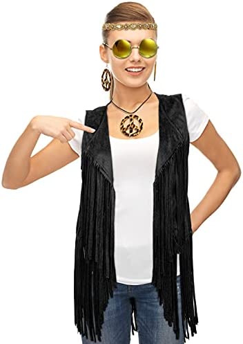 6 Pcs 60s 70s Hippie Costume for Women Peace Sign Earring Necklace Headband Fringe Vest Tassel Cardiga