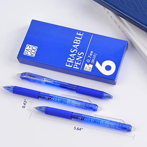 ParKoo Retractable Erasable Gel Pens Clicker, Fine Point 0.7mm, Make Mistake Disappear, Blue Ink for Note Taking and Crossword Puzzles, 6-Pack