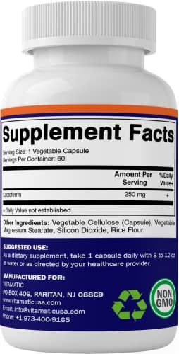 Vitamatic Lactoferrin 250mg (Apolactoferrin), 60 Vegetable Capsules - Promotes Healthy Immune Function*