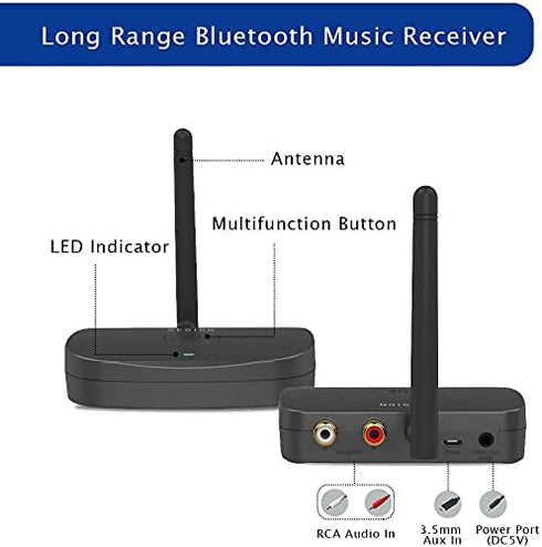 Besign BE-RCA Long Range Bluetooth Audio Adapter, HiFi Wireless Music Receiver, Bluetooth 5.0 Receiver for Wired Speakers or Home Music Streaming Stereo System, Black