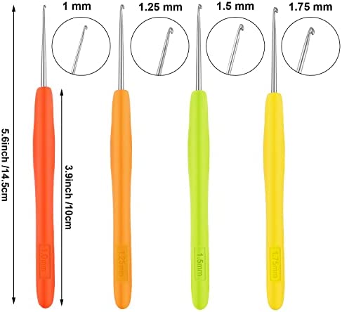 4 Pieces Hair Needles Crochet Hooks Precision Metal Needles Crochet Knitting Needles with Soft Handles, 1 mm, 1.25 mm, 1.5 mm, 1.75 mm, 4 Colors