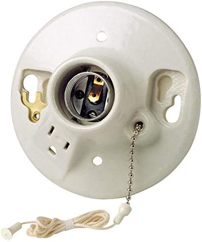 Leviton 9726-C One-Piece Glazed Porcelain Outlet Box Mount, Incandescent Lampholder, Pull Chain, Top Wired, White