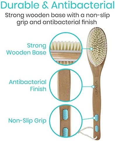 Vive Shower Brush - Dry Skin Body Exfoliator - Shower and Bath Scrubber for Wash Brushing, Exfoliating, Cellulite, Foot Scrub, Leg Exfoliant - Soft and Stiff Massage Bristles - Wooden Long Handle