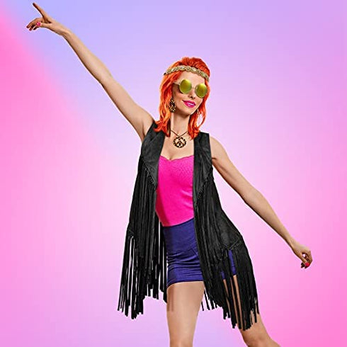 6 Pcs 60s 70s Hippie Costume for Women Peace Sign Earring Necklace Headband Fringe Vest Tassel Cardiga