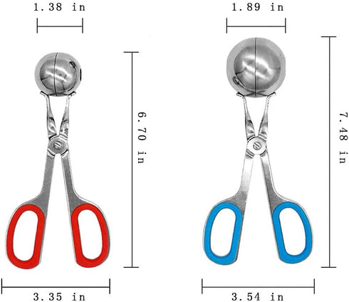 Meat Baller, 2 PCS None-Stick Meatball Maker with Detachable Anti-Slip Handles, Stainless Steel Meat Baller Tongs, Cake Pop, Ice Tongs, Cookie Dough Scoop for Kitchen (1.38"&1.78")