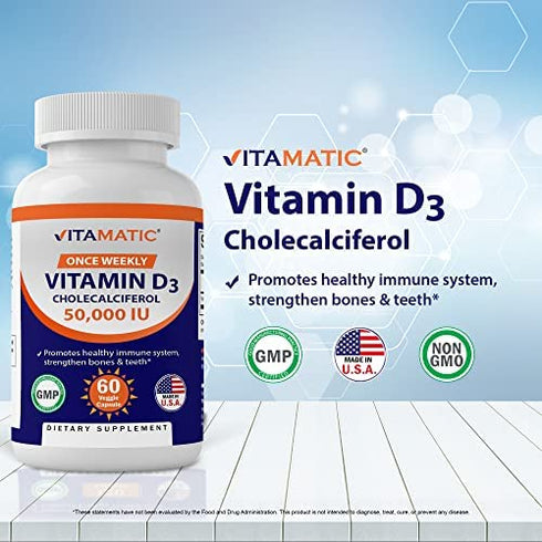 Vitamatic Vitamin D3 50,000 IU (as Cholecalciferol), Once Weekly Dose, 1250 mcg, 60 Veggie Capsules 1 Year Supply, Progressive Formula Helping Vitamin D Deficiencies (60 Count (Pack of 1))