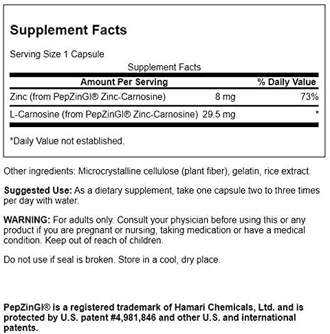 Swanson Zinc Carnosine (PepZin GI) - Natural Supplement Promoting Gastric Health & Digestive Support - Supports Microbial Balance in The Stomach - (60 Capsules)