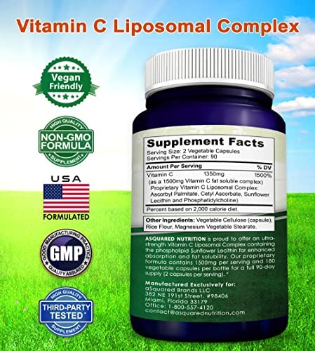 Vitamin C Liposomal Complex - 1500mg Supplement - 180 Capsules - High Absorption VIT C Ascorbic Acid Pills - Supports Immune System & Collagen Health - 90 Servings