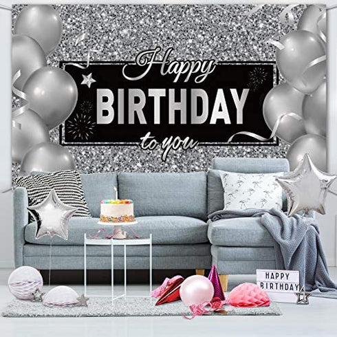 Silver Happy Birthday Banner Backdrop Silver Birthday Party Decorations Black White Balloons Happy Birthday Background Photo Photography Banner for Men Women Birthday Supplies, 72.8 x 43.3 Inch