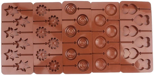 BAKER DEPOT Silicone chocolate Lollipop Mold with 6 Holes, Double Heart, Star, Small Flower, Smile Face, Round, Etc, Design, Set of 5