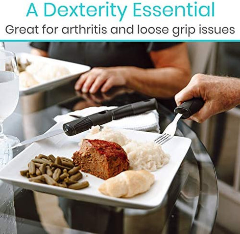 Vive Adaptive Utensil Set - Arthritis Aid Silverware for Parkinsons, Hand Tremors - Easy Grip for Shaking and Trembling Hands - Heavy Stainless Steel Spoon, Fork, Serrated Knife - Non Weighted Holder