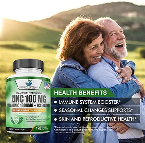 Zinc 100mg, Vitamin C 1000mg, Vitamin D 5000IU per Serving, Immune Support for Adults, Immune System Booster Supplements, Non GMO, No Filler, No Stearate, 120 Vegan Capsules, 60 Day Supply