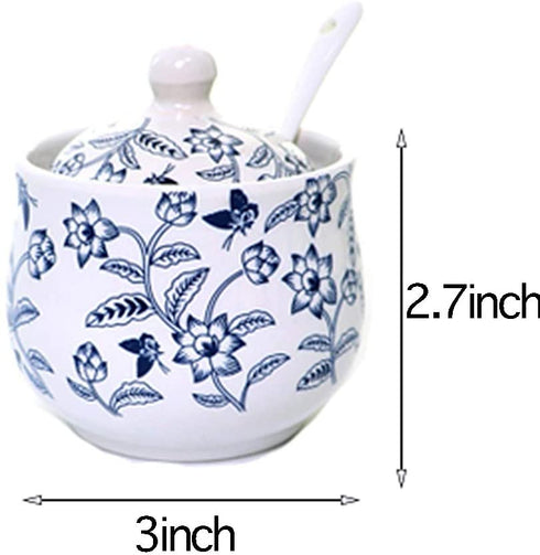 Ceramic Blue and White Flower Sugar Salt Pepper Storage Jar with Lid Spoon