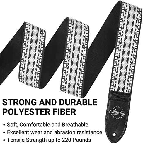 Amumu Guitar Strap Hootenanny Black White Cotton for Acoustic, Electric and Bass Guitars with Strap Blocks & Headstock Strap Tie