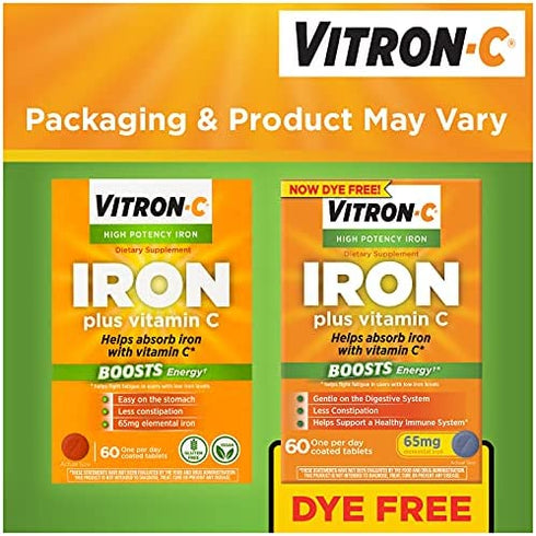Vitron-C Iron Supplement, Once Daily, High Potency Iron Plus Vitamin C, Dye Free Tablets, 60 Count