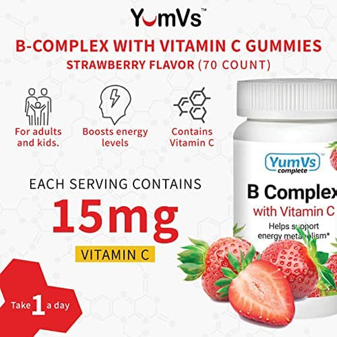B-Complex with Vitamin C Gummies by YumVs | Daily Dietary Supplement for Adults and Kids | B6, B12, Vitamin C, Folic Acid, Niacin, and Biotin | Natural Strawberry Flavor Chewables, 70-Count | Kosher