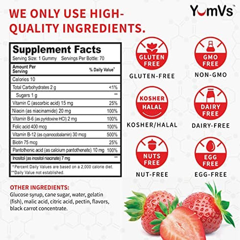 B-Complex with Vitamin C Gummies by YumVs | Daily Dietary Supplement for Adults and Kids | B6, B12, Vitamin C, Folic Acid, Niacin, and Biotin | Natural Strawberry Flavor Chewables, 70-Count | Kosher