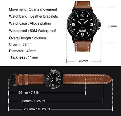 cofuo Mens Fashion Dress Analog Quartz Watch with Brown Leather Band Unique Big Face Number Retro Casual Wrist Watches Classic Business Waterproof Wristwatch Calendar Date Week - Black Brown