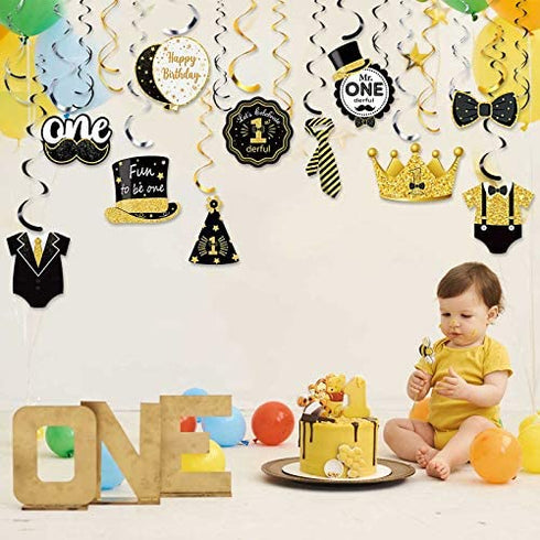 30 Pieces Mr. Onederful Birthday Decorations Glitter Black Gold Hanging Swirls 1st Birthday Party Foil Swirls Ceiling Mustache Toppers Sign Decor for Baby Boy First Birthday Supplies