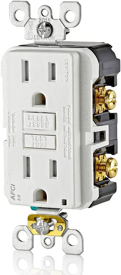 Leviton AFTR1-W 15-Amp, 120-Volt SmartlockPro Outlet Branch Circuit Arc-Fault Circuit Interrupter (AFCI) Receptacle, Wallplate Included, White