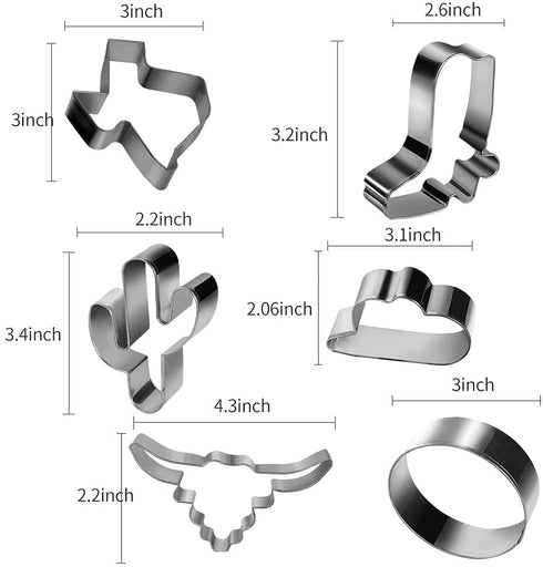 Aoerfes Western Cookie Cutters 6 Piece Texas Cutter Set, Cowboy Hat,Longhorn, Cowboy Boot ,Cactus, Round Shaped Stainless Steel Molds for Party Making Muffins, Cake Fondant Biscuits,Sandwiches