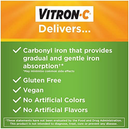 Vitron-C Iron Supplement, Once Daily, High Potency Iron Plus Vitamin C, Dye Free Tablets, 60 Count