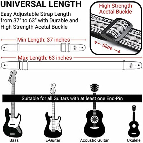 Amumu Guitar Strap Hootenanny Black White Cotton for Acoustic, Electric and Bass Guitars with Strap Blocks & Headstock Strap Tie