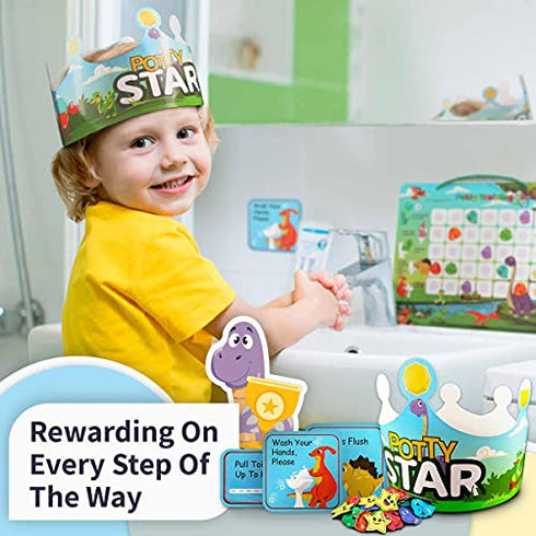 Potty-Training-Chart-with-35 Reusable Magnetic-Stickers. A Dinosaur Potty Chart That Reward Toddlers – Motivational Toilet Potty Training Stickers Chart for Boys & Girls (Dinosaurs)