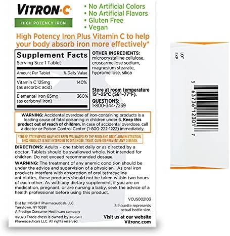 Vitron-C Iron Supplement, Once Daily, High Potency Iron Plus Vitamin C, Dye Free Tablets, 60 Count