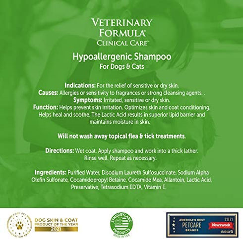 Veterinary Formula Clinical Care Hypoallergenic Shampoo for Dogs and Cats, 16 oz – No Harsh Ingredients – Fragrance-Free Pet Shampoo for Allergies and Sensitive Skin, Promotes Healthy Skin and Coat