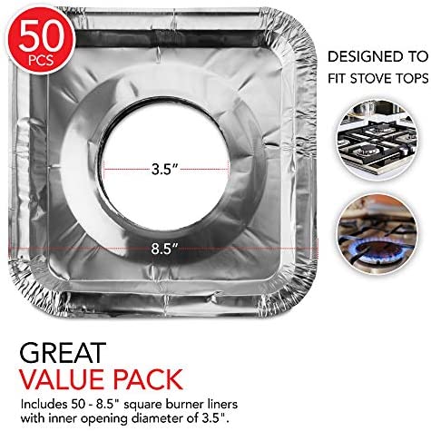 Disposable Gas Burner Liners (50 Pack) Aluminum Foil Square Gas Stove Burner Covers - 8.5 Inch Gas Range Protector, Stove Top Covers for Gas Burners, Foil Liners to Catch Oil, Grease, and Food Spills