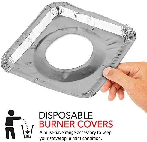 Disposable Gas Burner Liners (50 Pack) Aluminum Foil Square Gas Stove Burner Covers - 8.5 Inch Gas Range Protector, Stove Top Covers for Gas Burners, Foil Liners to Catch Oil, Grease, and Food Spills