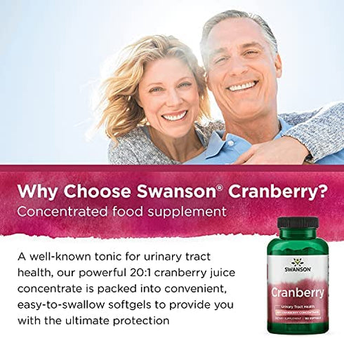 Swanson Cranberry - Supports Urinary Tract Health, Bladder Control, and Promotes Healthy Kidney Function - Cranberry Supplement Made with 20:1 Cranberry Juice Concentrate - (180 Softgels)