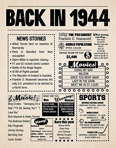 8x10 1944 Birthday Gift // Back in 1944 Newspaper Poster // 79th Birthday Gift // 79th Party Decoration // 79th Birthday Sign // Born in 1944 Print (8x10, Newspaper, 1944)